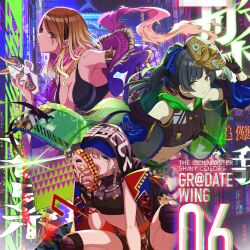 3girls album_cover arm_strap armpits bare_arms bare_shoulders bell bikini bikini_top_only black_eyes black_gloves blonde_hair blue_eyes breasts brown_hair cleavage cover crop_top cropped_vest dark-skinned_female dark_skin earrings fingerless_gloves fur-trimmed_jacket fur_trim gloves gradient_hair green_nails grey_hair gyaru hair_ribbon hannya highres hood hooded_jacket hooded_vest hoodie horns hyottoko_mask idolmaster idolmaster_shiny_colors izumi_mei jacket jacket_on_shoulders jewelry knee_pads large_breasts long_hair looking_at_viewer mask mayuzumi_fuyuko miniskirt multicolored_hair multiple_girls navel necklace noh_mask official_art open_clothes open_jacket ponytail purple_nails red_nails ribbon scarf serizawa_asahi shorts single_horn skirt squatting straylight_(idolmaster) swimsuit tomari_(veryberry00) uroko_(pattern) vest wide_sleeves