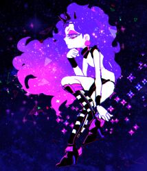 Rule 34 | 1boy, battle tendency, black arm warmers, black boots, black loincloth, black neckerchief, boots, chibi, double exposure, earrings, expressionless, eyelashes, from side, full body, hand on own chin, ichirinhna, invisible chair, jewelry, jojo no kimyou na bouken, kars (jojo), loincloth, long hair, monochrome, neckerchief, purple eyes, purple hair, purple theme, sitting, solo, sparkle