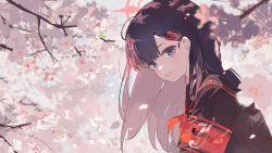 1girl absurdres armband bilibalakonglijiwa black_choker black_hair black_sailor_collar black_shirt blue_archive blue_eyes blush cherry_blossoms choker hair_behind_ear hair_ornament hairclip highres ichika_(blue_archive) long_hair looking_at_viewer neckerchief parted_lips red_armband red_neckerchief sailor_collar shirt smile solo upper_body