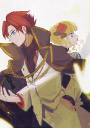Rule 34 | 1boy, 1girl, bakara (19083210), beatrice (umineko), black cape, black necktie, blonde hair, blue eyes, cape, chess piece, chromatic aberration, closed mouth, collared shirt, colored eyelashes, commentary request, film grain, flower, gold trim, hair flower, hair ornament, hand in pocket, hand up, highres, jacket, light particles, necktie, pants, red flower, red hair, red rose, red shirt, rose, shirt, short hair, smile, umineko no naku koro ni, ushiromiya battler, white jacket, white pants