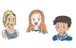 1boy 1girl 2boys :d background_character bad_tag black_hair blonde_hair blue_eyes brown_hair dark_skin earrings extra facial_mark female hairband highres jewelry long_hair male multiple_boys nintendo open_mouth orange_hair pokemon pokemon_(anime) shirt short_hair smile upper_body