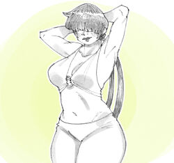 1girl 1shermieaday arms_up breasts curvy earrings female_focus heart huge_breasts jewelry large_breasts long_hair ponytail ring shermie_(kof) shirt smile standing the_king_of_fighters thick_lips thick_thighs thighs twintails wide_hips