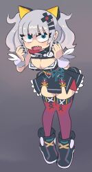 Rule 34 | 1girl, black dress, black footwear, black nails, blue eyes, blush, breasts, cleavage, cleavage cutout, clothing cutout, commentary, d-pad, d-pad hair ornament, dress, empty eyes, full body, gashi-gashi, grey background, grey hair, hair ornament, hands up, high collar, kaguya luna, large breasts, leaning forward, looking at viewer, obi, open mouth, red thighhighs, ribbon, sanpaku, sash, sharp teeth, shoes, short dress, simple background, sleeveless, sleeveless dress, sneakers, standing, teeth, the moon studio, thick eyelashes, thighhighs, twintails, virtual youtuber, wavy hair, white ribbon, wrist ribbon