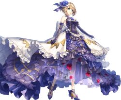 1girl artist_request bare_shoulders blonde_hair breasts covered_navel detached_sleeves dress floral_print flower full_body game_cg green_hair hair_flower hair_ornament high_heels highres official_alternate_costume official_art open_mouth purple_dress sideboob solo source_request transparent_background trista_(unitia) unitia