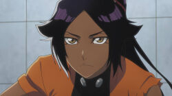 1girl anime_screenshot bleach bleach:_sennen_kessen-hen closed_mouth clothes dark-skinned_female dark_skin female_focus frown hair_ornament indoors long_hair long_image looking_at_another looking_at_viewer orange_shirt parted_bangs purple_hair shihouin_yoruichi shiny_skin shirt solo solo_focus studio_pierrot torn_clothes torn_sleeves upper_body v-shaped_eyebrows wide_image yellow_eyes