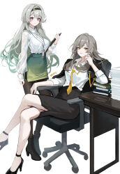 2girls absurdres alternate_costume aqua_hair artist_name black_hairband black_pants black_pantyhose book book_stack closed_mouth collared_shirt firefly_(honkai:_star_rail) gradient_clothes gradient_hair gradient_skirt green_skirt grey_hair hairband highres holding honkai:_star_rail honkai_(series) id_card long_hair looking_at_viewer meoyo multicolored_eyes multicolored_hair multiple_girls necktie office_lady pants pantyhose paper_stack pencil_skirt shirt shirt_tucked_in simple_background sitting sketch skirt smile standing stelle_(honkai:_star_rail) trailblazer_(honkai:_star_rail) white_background white_shirt yellow_eyes yellow_necktie