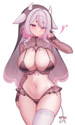 1girl absurdres animal_ears black_bra black_panties black_veil blush bra breasts cleavage colored_inner_hair commentary cow_ears cow_girl cow_horns cow_tail demcheg eyes_visible_through_hair frills hair_over_one_eye hair_ribbon hand_on_own_thigh hand_up heart highres horns huge_breasts looking_at_viewer medium_hair multicolored_hair nail_polish navel original panties pink_eyes pink_hair pink_nails pink_ribbon ribbon see-through_shrug shrug_(clothing) sidelocks simple_background single_thighhigh solo spaghetti_strap standing stomach streaked_hair tail thighhighs thighs underwear veil white_background white_hair white_thighhighs