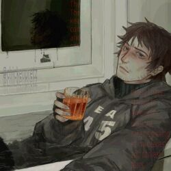 1boy afraid_of_monsters alcohol bags_under_eyes bathroom beard_stubble black_eyes black_gloves brown_hair ch1ckenpretz clothed_bath cup david_leatherhoff english_text exhausted facial_hair fingerless_gloves gloves grey_hoodie highres holding holding_cup hood hood_down hoodie in_bathtub looking_at_viewer male_focus messy_hair mirror partially_submerged print_hoodie reflective_surface scar scar_on_face short_hair solo stubble turtleneck upper_body watermark