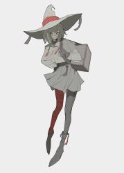 Rule 34 | 1girl, :/, asymmetrical clothes, bandaged leg, bandages, bandaid, bandaid on face, bandaid on nose, belt, belt buckle, boots, buckle, carrying bag, copyright request, crate, film grain, full body, gloves, grey belt, grey boots, grey gloves, grey hair, grey jacket, grey skirt, grey thighhighs, grey undershirt, hand on own hip, hat, high collar, highres, holding strap, jacket, joosibi, lapels, leaning to the side, looking to the side, medium hair, messy hair, muted color, red bandage, shoulder strap, sidelocks, simple background, skirt, solo, standing, straight-on, tassel, thighhighs, white background, witch hat