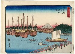 Rule 34 | 19th century, 6+boys, 6+girls, ando hiroshige, blue sky, boat, bridge, facing away, fence, fine art parody, gradient sky, hat, highres, japan, japanese clothes, kimono, mount fuji, mountain, multiple boys, multiple girls, nihonga, oil-paper umbrella, original, outdoors, parody, railing, red sky, river, rowboat, rowing, sail, scenery, sky, straw hat, thatched roof, thirty-six views of mount fuji (hiroshige), traditional media, translation request, tree, ukiyo-e, volcano, water, watercraft, wooden fence, wooden railing