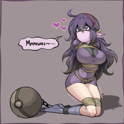 10s 1girl @_@ ahoge alternate_breast_size ball_and_chain_restraint bdsm bondage bound breasts cloth_gag creatures_(company) crotch_rope female_focus gag gagged game_freak hairband heart hex_maniac_(pokemon) highres improvised_gag jam-orbital kneeling large_breasts long_hair messy_hair nintendo npc_trainer over_the_nose_gag pokemon pokemon_xy purple_background purple_eyes purple_hair purple_theme rope shibari simple_background socks solo trembling