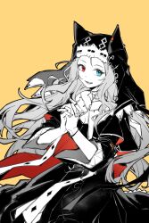 Rule 34 | 1girl, archetto (arknights), archetto (glory of the devout) (arknights), arknights, blue eyes, chinese commentary, commentary request, dress, fingernails, headscarf, heterochromia, highres, interlocked fingers, long hair, looking at viewer, official alternate costume, open mouth, own hands clasped, own hands together, partial commentary, partially colored, piaoliu ping ping ping pingzi, red eyes, simple background, smile, solo, yellow background