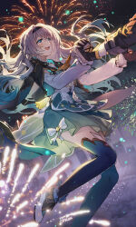 1girl :d black_hairband blush caelus_(honkai:_star_rail) cat_princess firefly_(honkai:_star_rail) fireworks full_body grey_hair hair_intakes hairband highres holding_hands honkai:_star_rail honkai_(series) interlocked_fingers long_hair long_sleeves open_mouth purple_eyes skirt smile solo_focus trailblazer_(honkai:_star_rail)