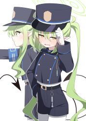 2girls absurdres armband black_hat black_jacket black_shorts black_skirt blue_archive blue_armband blush buttons cowboy_shot demon_tail double-breasted fang gloves green_halo grey_hair hagoonha halo hand_on_headwear hat highres hikari_(blue_archive) jacket long_hair long_sleeves looking_to_the_side multiple_girls nose_blush nozomi_(blue_archive) open_mouth pantyhose peaked_cap pointy_ears shorts siblings skin_fang skirt sweatdrop tail whistle white_gloves white_pantyhose yellow_eyes