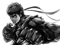 1boy clenched_hand closed_mouth commentary_request dougi facial_hair fingerless_gloves forked_eyebrows from_side frown gloves greyscale headband kemachiku looking_ahead male_focus monochrome motion_lines muscular muscular_male punching ryu_(street_fighter) short_hair sideburns sideburns_stubble simple_background solo street_fighter stubble thick_eyebrows torn_clothes torn_sleeves upper_body white_background