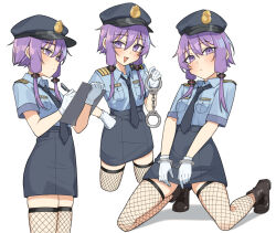 1girl clipboard cuffs fishnets gloves gukr4322 handcuffs hat highres holding holding_clipboard kneeling necktie police police_hat police_uniform policewoman purple_eyes purple_hair short_hair_with_long_locks thighhighs voiceroid white_background white_gloves writing yuzuki_yukari