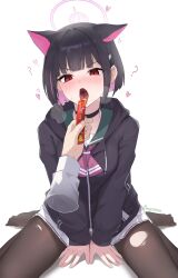 1girl 1other ? animal_ears black_choker black_hair black_jacket black_pantyhose blue_archive blush cat_ears choker colored_inner_hair extra_ears green_sailor_collar hair_ornament hairclip halak0000 halo heart highres hood hood_down hooded_jacket jacket kazusa_(blue_archive) long_sleeves multicolored_hair open_mouth pantyhose pink_hair pink_halo pleated_skirt red_eyes sailor_collar short_hair simple_background skirt solo_focus torn_clothes torn_pantyhose white_background white_skirt