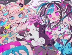 2girls :p @_@ alternate_hairstyle bear bear_hair_ornament black_arm_warmers black_background black_bra black_choker black_hair black_jacket black_nails black_sailor_collar black_skirt blonde_hair blue_eyes blue_hair blue_jacket blue_thighhighs blunt_bangs bra bracelet breasts choker cleavage closed_mouth clothing_cutout collared_shirt commentary_request cone_hair_bun cowboy_shot crazy danganronpa:_trigger_happy_havoc danganronpa_(series) danganronpa_2:_goodbye_despair dot_nose double_bun drooling enoshima_junko eyelashes face_piercing hair_bun hair_ornament hairstyle_switch hand_on_another&#039;s_shoulder highres jacket jacket_partially_removed jewelry lace lace-trimmed_bra lace-trimmed_choker lace_trim lapels large_breasts light_blush lip_piercing miniskirt mioda_ibuki mismatched_thighhighs monokuma multicolored_hair multiple_girls multiple_piercings multiple_rings nail_art nail_polish neckerchief necktie notched_lapels open_mouth osshouri55 piercing pink_eyes pink_hair pink_neckerchief pink_thighhighs pleated_skirt polka_dot polka_dot_background red_necktie ring sailor_collar school_uniform serafuku shirt short_sleeves skirt smile spike_piercing stitched_leg stitches streaked_hair striped_arm_warmers sweat thigh_cutout thighhighs tongue tongue_out two-tone_background underwear white_background white_hair white_shirt