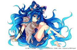 Rule 34 | 1girl, barefoot, blue bow, blue eyes, blue hair, blue skirt, bow, bowl, commentary request, copyright notice, drawstring, full body, grey hoodie, hair between eyes, hair bow, hand on own knee, holding, holding bowl, hood, hoodie, kurisu toshi, long hair, open mouth, short sleeves, simple background, skirt, solo, stuffed animal, stuffed cat, stuffed toy, touhou, touhou danmaku kagura, very long hair, wavy hair, white background, yorigami shion