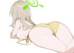 Rule 34 | 1girl, absurdres, ass, bikini, blue archive, breast press, facing away, from behind, green halo, halo, highres, ksi 47, lying, nonomi (blue archive), nonomi (swimsuit) (blue archive), official alternate costume, on stomach, side-tie bikini bottom, simple background, solo, string bikini, swimsuit, untied bikini top, white background, yellow bikini