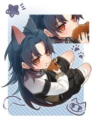 Rule 34 | 1boy, aged down, ahoge, animal ears, black hair, black shorts, blade (honkai: star rail), cat boy, cat ears, chinese clothes, eating, food, highres, holding, holding food, honkai: star rail, honkai (series), long hair, long sleeves, looking at viewer, male focus, mani uni02, paw print, red eyes, shirt, shorts, solo, taiyaki, wagashi, white shirt