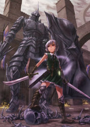 1girl alternate_weapon armor bad_id bad_pixiv_id belt boots castle cloud cloudy_sky crossover dagger demon&#039;s_souls dragon dual_wielding female_focus fire fromsoftware gate gloves glowing glowing_eyes hairband highres holding knife knight konpaku_youmu konpaku_youmu_(ghost) kurione_(zassou) looking_away medieval red_eyes scabbard sheath shield short_hair silver_hair skeleton skull sky solo sword torn_clothes touhou tower_knight weapon