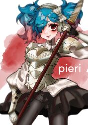 1girl absurdres armor blue_hair character_name fire_emblem fire_emblem_fates gradient_hair hair_over_one_eye highres holding holding_polearm holding_weapon lili_painter looking_at_viewer multicolored_hair nintendo peri_(fire_emblem) pink_hair polearm red_eyes smile solo twintails two-tone_hair weapon