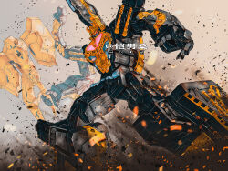 Rule 34 | absurdres, animification, artist name, axe, bilibili logo, embers, highres, holding, holding axe, kainansang, king caucasuskabuto, looking at viewer, looking down, mecha, mecha focus, no humans, ohsama sentai king-ohger, open hand, pink eyes, pixiv logo, robot, super robot, super sentai, tokusatsu, twitter logo, watermark, weibo watermark