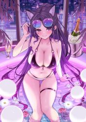 Rule 34 | 1girl, animal ear fluff, animal ears, balut (7676i), bare shoulders, bikini, black bikini, blush, bottle, breasts, cleavage, collarbone, commentary request, covered erect nipples, eyewear on head, facial mark, flower, hand up, heart, heart facial mark, high ponytail, highres, ice bucket, indoors, large breasts, long hair, looking at viewer, navel, night, o-ring, o-ring bikini, original, parted bangs, ponytail, purple eyes, purple flower, purple hair, red flower, sitting, smile, solo, stomach, swimsuit, thigh strap, tinted eyewear, very long hair, wet, white-framed eyewear, wine bottle