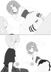 1boy 2girls after_vaginal aftersex antlers ass bar_censor breasts broken_condom censored ceres_fauna ceres_fauna_(goth) commentary condom cum cum_in_pussy earrings english_commentary grin hololive hololive_english horns impregnation jewelry monochrome multicolored_hair multiple_girls nanashi_mumei nanashi_mumei_(emo) nipples official_alternate_costume official_alternate_hair_length official_alternate_hairstyle penis pillow pleated_skirt pussy recklessdraw short_hair skirt smile streaked_hair tank_top thigh_strap veins veiny_penis virtual_youtuber