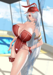 Rule 34 | 1girl, absurdres, armband, azur lane, baseball cap, blurry, blurry background, breasts, cleavage, covered navel, dutch angle, glowing, grey hair, guokui, hair over one eye, hand on own hip, hat, heart, highleg, highleg one-piece swimsuit, highres, huge breasts, impossible clothes, impossible swimsuit, lifeguard, long hair, low-braided long hair, low-tied long hair, mole, mole under eye, official alternate costume, one-piece swimsuit, pool, pouch, prinz heinrich (azur lane), prinz heinrich (rabbit on watch) (azur lane), pubic tattoo, pubic tattoo through clothing, red eyes, red hat, red one-piece swimsuit, solo, strapless, strapless one-piece swimsuit, swimsuit, tattoo, thigh pouch, very long hair, window