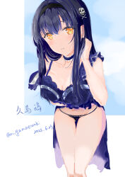 Rule 34 | 1girl, adjusting hair, arm under breasts, black hair, black hairband, black panties, blue nightgown, blush, bone hair ornament, breasts, character name, choker, cleavage, closed mouth, collarbone, commentary request, dated, frilled choker, frills, gluteal fold, hair ornament, hairband, hand up, kushima kamome, large breasts, leaning forward, lifted by tail, long hair, looking at viewer, miyamae senki, navel, nightgown, nightgown lift, panties, skull and crossbones, skull hair ornament, solo, standing, string panties, summer pockets, thigh gap, thighs, twitter username, underwear, underwear only, yellow eyes