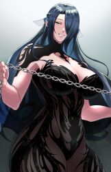 1girl absurdres artist_name azuma_fubuki black_cape black_dress black_hair braid breasts cape chain chronopattern_dress cleavage dress gradient_background hair_over_one_eye hair_ribbon highres holding holding_chain jellycaaakes large_breasts long_hair mato_seihei_no_slave meme_attire parted_lips plunging_neckline ribbon sidelocks signature solo swept_bangs teeth upper_body