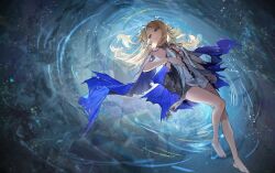 1girl absurdres bare_legs bare_shoulders barefoot black_collar black_dress blonde_hair blue_eyes breasts cartethyia_(wuthering_waves) closed_mouth collar commentary crown_of_thorns dress earrings highres jewelry legs long_hair looking_to_the_side lying necklace on_back pointy_ears ripples small_breasts smile tabard tacet_mark_(wuthering_waves) toes very_long_hair white_tabard wuthering_waves xiaoraini