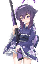 1girl blue_archive blush commentary_request cowboy_shot fabarm_fp6 floral_print floral_print_kimono flower frilled_kimono frills gun hair_flower hair_ornament hairband halo haruka_(blue_archive) haruka_(new_year)_(blue_archive) highres holding holding_gun holding_weapon japanese_clothes karefu kimono kimono_skirt long_sleeves looking_at_viewer obi official_alternate_costume print_kimono pump_action purple_eyes purple_hair purple_hairband purple_halo purple_kimono sash scope shotgun simple_background smile solo weapon white_background wide_sleeves