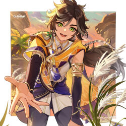 1boy :d absurdres armlet black_gloves black_pants border braid brown_hair cactus cape cloud commentary company_name copyright_name dark-skinned_male dark_skin elbow_gloves english_commentary evening fingerless_gloves floating_hair genshin_impact gloves gold_trim gradient_sky green_eyes hair_between_eyes hair_ornament highres jewelry leaning_forward long_hair looking_at_viewer low_ponytail male_focus mountain multicolored_hair official_art open_mouth orange_cape outdoors outside_border outstretched_arm outstretched_hand palm_tree pants parted_bangs plant ponytail purple_sash sash sethos_(genshin_impact) shirt sky sleeveless sleeveless_shirt smile solo standing streaked_hair tassel teeth tree upper_teeth_only white_border white_shirt