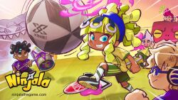 2girls 3boys aqua_eyes ball berecca big_hair black_eyes black_shoes blonde_hair blue-framed_eyewear blue_eyes blue_hairband blue_pupils blue_shirt blue_sleeves blunt_bangs blush burton_(ninjala) chewing_gum cleats clenched_teeth colored_sclera commentary copyright_name copyright_notice creature dreadlocks drum_beat_(ninjala) emma_(ninjala) english_commentary fluffy_hair frown glasses grass green_outline green_shorts green_trim grin gungho hair_tie hairband half_updo hammer headphones holding holding_hammer holding_pole kinky_hair kneehighs logo long_hair long_sidelocks looking_at_another multicolored_hair multiple_boys multiple_girls ninjala nose notice_lines official_art one_way_sign open_mouth outdoors outline pink_outline playing_sports pole pompadour ponytail purple_hair purple_outline rianti-wong road_sign ron_(ninjala) scrap_saber_(ninjala) second-party_source semi-rimless_eyewear shadow shirt shoes shorts shouting shuriken sidelocks sign smile soccer soccer_ball soccer_uniform socks sportswear stop_sign streaked_hair striped_clothes striped_shirt teeth undercut upper_teeth_only v-shaped_eyebrows v-shaped_eyes van_(ninjala) very_long_hair watermark weapon web_address white_hair white_socks yellow_eyes yellow_pupils yellow_sclera yellow_shirt yellow_sleeves