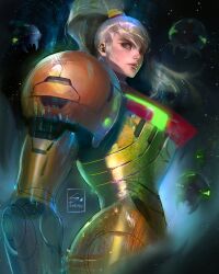 1girl alien arm_cannon armor artist_name blonde_hair blue_eyes clip_studio_paint_(medium) commentary english_commentary floating highres long_hair metroid metroid:_other_m metroid_(creature) metroid_larva nintendo painterly ponytail power_armor power_suit_(metroid) samus_aran science_fiction sebijy signature star_(sky) starry_sky_background varia_suit weapon