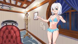 1girl ars_almal belly bikini blue_eyes breasts ceiling chair commission curtains frilled_skirt frills highres indoors knee_up knees_up looking_at_viewer navel night nijisanji open_mouth room short_hair skirt smile solo standing stone_floor swimsuit thighs virtual_youtuber white_hair window