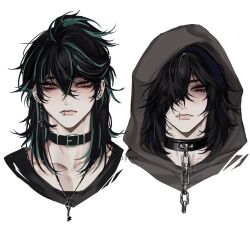 1boy artist_name black_collar black_hair collar earrings face_piercing green_streaks grey_hood highres ivutyozo jewelry lip_piercing long_hair looking_at_viewer multicolored_hair multiple_views necklace piercing pink_eyes solivan_brugmansia streaked_hair the_kid_at_the_back