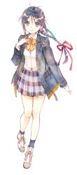 Rule 34 | 1girl, 22/7, black socks, braid, full body, green eyes, hand on own chest, highres, horiguchi yukiko, jacket, long hair, looking at viewer, official art, open clothes, open jacket, orange ribbon, pleated skirt, red ribbon, ribbon, school uniform, sidelocks, skirt, smile, socks, solo, white background, yagami toa