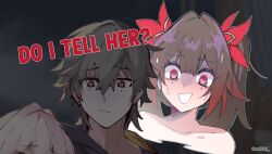 1boy 2girls bare_shoulders black_coat black_hair caelus_(honkai:_star_rail) coat commentary disguise earrings english_commentary english_text eri_(erikiri) grey_hair highres honkai:_star_rail honkai_(series) jewelry long_hair march_7th_(honkai:_star_rail) medium_hair multiple_girls open_clothes open_coat pink_hair red_eyes shirt single_earring smile sparkle_(honkai:_star_rail) sweatdrop topless_female trailblazer_(honkai:_star_rail) twintails twitter_username white_shirt yellow_eyes