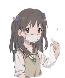 1girl ? arm_at_side beige_vest brown_eyes brown_sailor_collar collarbone cropped_torso female_focus from_side furrowed_brow green_ribbon grey_hair hair_bobbles hair_ornament hand_up holding long_hair looking_at_viewer mask mitani_kanae mouth_mask neck_ribbon ribbon sailor_collar school_uniform serafuku shinagiku sick simple_background sleeves_rolled_up solo surgical_mask sweater_vest tamayura tareme tissue two_side_up white_background