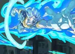 1boy absurdres atsuji1008 aura blue_eyes blue_hair blue_pants blue_shirt blurry blurry_background clenched_hand dougi dragon_ball dragon_ball_super flying gloves highres male_focus medium_hair muscular muscular_male orange_shirt pants shirt sketch solo spiked_hair super_saiyan super_saiyan_blue vegetto white_gloves