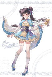 1girl :o absurdres ahoge ankle_ribbon annoyed blue_dress blue_ribbon blue_shoes blunt_bangs breasts brown_hair character_request chinese_clothes chinese_commentary cleavage cleavage_cutout clothing_cutout commentary_request commission copyright_request corset dated double_bun dress eyelashes floating_hair flower_knot frilled_dress frilled_sleeves frills full_body furrowed_brow hair_bun hair_ribbon high_heels highres kneehighs knees lace lace-trimmed_dress lace-trimmed_socks lace_trim layered_sleeves leg_ribbon long_hair long_sleeves looking_ahead mie_haha object_floating_above_hand ofuda open_mouth orange_eyes pleated_dress puffy_short_sleeves puffy_sleeves pumps purple_corset purple_ribbon ribbon sample_watermark shoes short_dress short_over_long_sleeves short_sleeves signature socks solo standing tassel twintails waist_ribbon watermark watermark_grid white_background white_sleeves white_socks wide_sleeves yellow_tabard