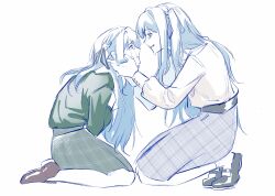 2girls absurdres bang_dream! bang_dream!_it&#039;s_mygo!!!!! black_ribbon blue_hair chinese_commentary commentary_request crying crying_with_eyes_open dual_persona eye_contact green_shirt green_skirt grey_skirt hair_ribbon hand_on_another&#039;s_cheek hand_on_another&#039;s_face hero45439083942 highres kneeling long_hair looking_at_another multiple_girls ribbon shirt sidelocks skirt tears time_paradox togawa_sakiko two_side_up white_shirt