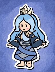 1girl bare_shoulders blue_hair breasts chirizuka_ubame crown eyelashes fossilized_wonders headpiece highres long_hair long_sleeves mcsquiddies paper_mario_(style) shirt simple_background skirt smile solo touhou wide_sleeves