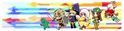2boys 3girls armor arrow_(symbol) black_mage_(final_fantasy) blonde_hair brown_hair chocobo claw_(weapon) crescent crescent_hat_ornament final_fantasy final_fantasy_explorers flying_sweatdrops green_eyes green_hat hat hat_ornament highres holding holding_shield holding_sword holding_weapon knight knight_(final_fantasy) monk_(final_fantasy) moogle multiple_boys multiple_girls pink_hair purple_hat red_hair riding riding_animal sabotender sakaduki_chako shield sword weapon white_mage_(final_fantasy) witch_hat