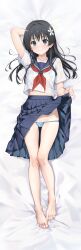 1girl absurdres arm_behind_head arm_up bare_legs barefoot black_hair blue_eyes blue_skirt blush bra breasts closed_mouth clothes_lift flower from_above hair_flower hair_ornament highres lifting_own_clothes long_hair looking_at_viewer lowleg lowleg_panties lying neckerchief on_back panties pleated_skirt rauto red_neckerchief sakugawa_school_uniform saten_ruiko school_uniform see-through_clothes see-through_shirt serafuku shirt short_sleeves skirt skirt_lift smile solo striped_bra striped_clothes striped_panties summer_uniform toaru_kagaku_no_railgun toaru_majutsu_no_index toes underwear