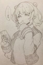 1girl bags_under_eyes blazer cevio cropped_torso disgust double_bun flipped_hair furrowed_brow graphite_(medium) greyscale hair_bun hair_ornament hairclip half-closed_eyes hand_up highres holding holding_phone jacket koharu_rikka long_sleeves looking_at_viewer monochrome open_clothes open_jacket phone school_uniform short_hair simple_background solo speech_bubble sweater synthesizer_v toriniku29 traditional_media translation_request upper_body